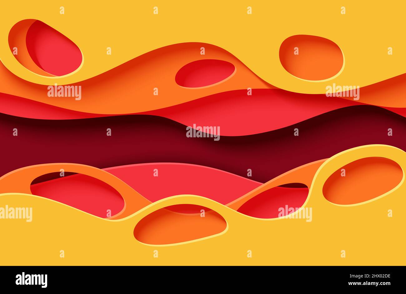Papier geschnitten Hintergrund mit Wellen und Loch. Gelb-orange rosa und dunkelrot 3D abstrakter Hintergrund mit glatten welligen Schichten. Horizontale Postervorlage Stock Vektor