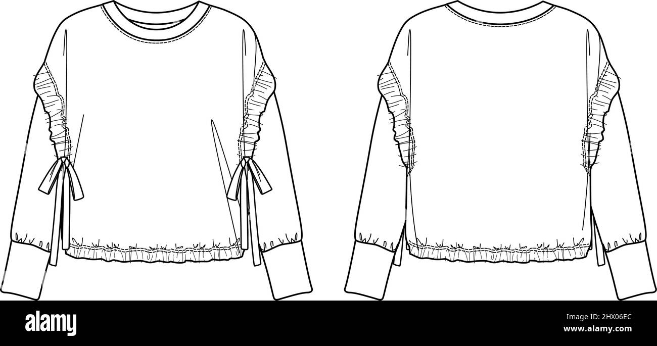 Vector Fashion Sketch Sweatshirt mit gethering Detail, Frauen Sweatshirt technische Zeichnung, Mode CAD, langärmelige Rundhalsausschnitt oben flach, Vorlage. F Stock Vektor