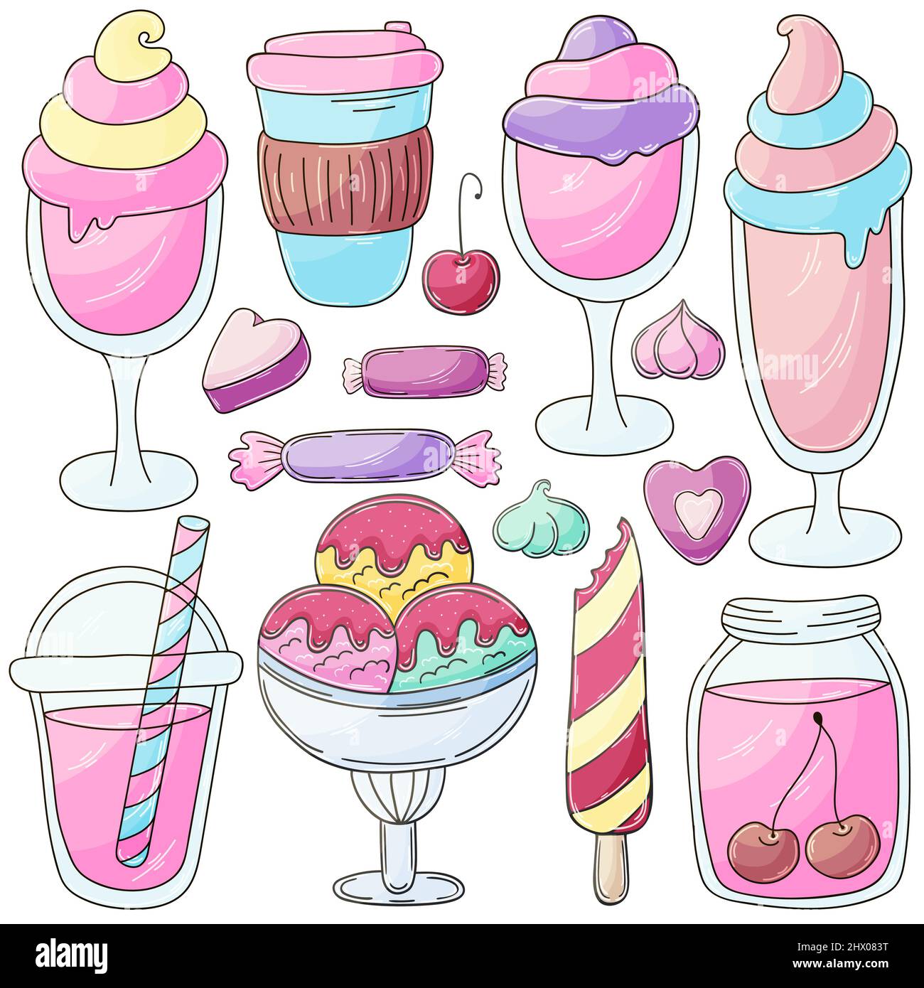 Süße Desserts, Eis. Satz von Vektorgrafiken im Handzeichnen-Stil. Sammlung von Symbolen, Sticker. Kaffee, Cocktail, Eis Stock Vektor
