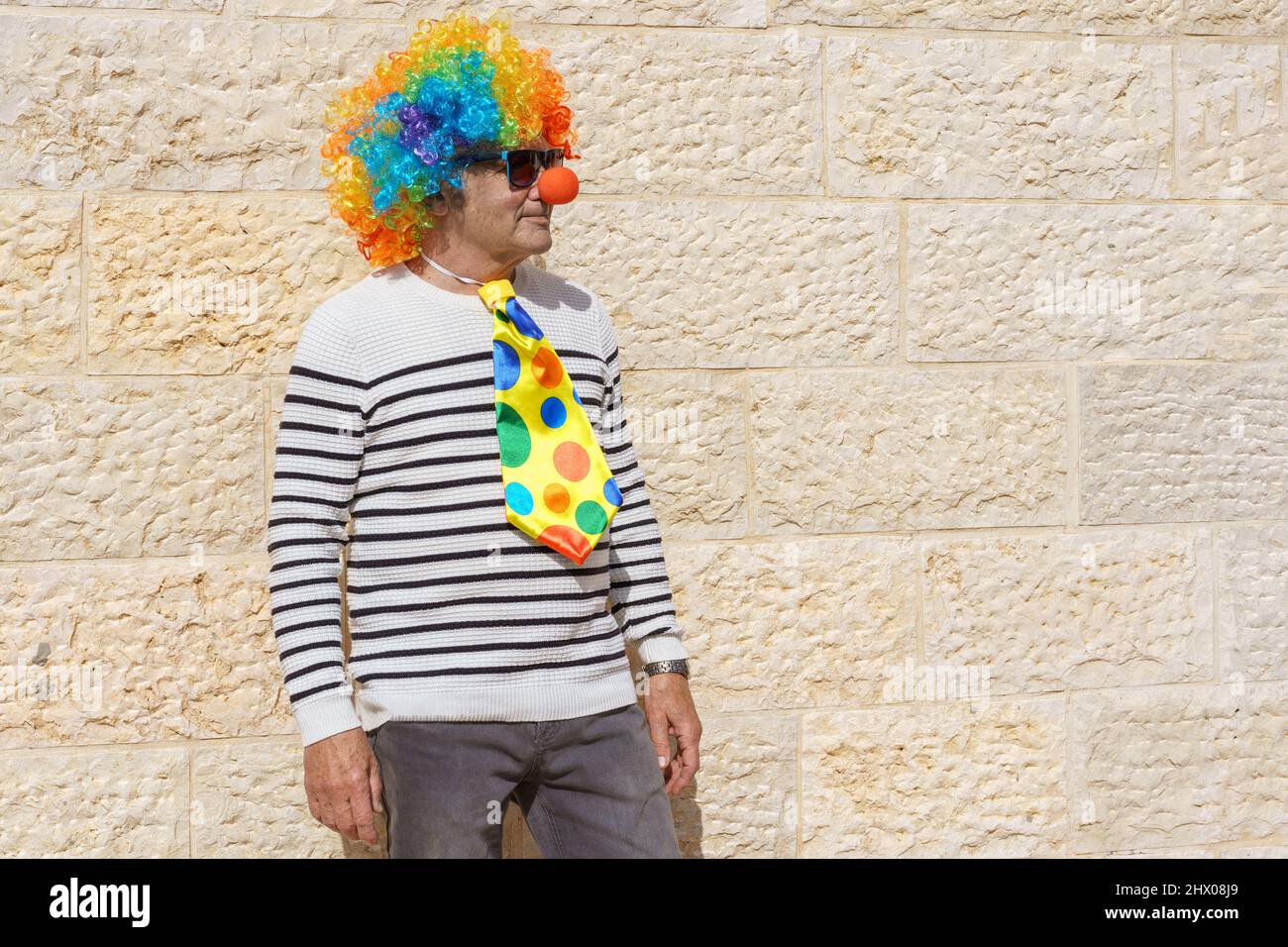 Mann verkleidet als Halloween oder Purim Clown mit einer Regenbogenperücke  und roter Nase. Porträt eines älteren Mannes mit bunter Perücke und  Krawatte. Lustiger alter Mann in einem Clown Kostüm bei Purim Jewish