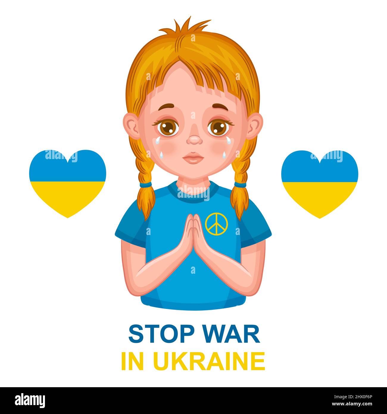 Beenden Sie den Krieg in der Ukraine. Kind betet für den Frieden. Helfen Sie dabei, die ukrainische Nation zu retten und Menschenleben zu schützen. Nationalflagge. Keine militärische Aggression Russlands. Vektor Stock Vektor
