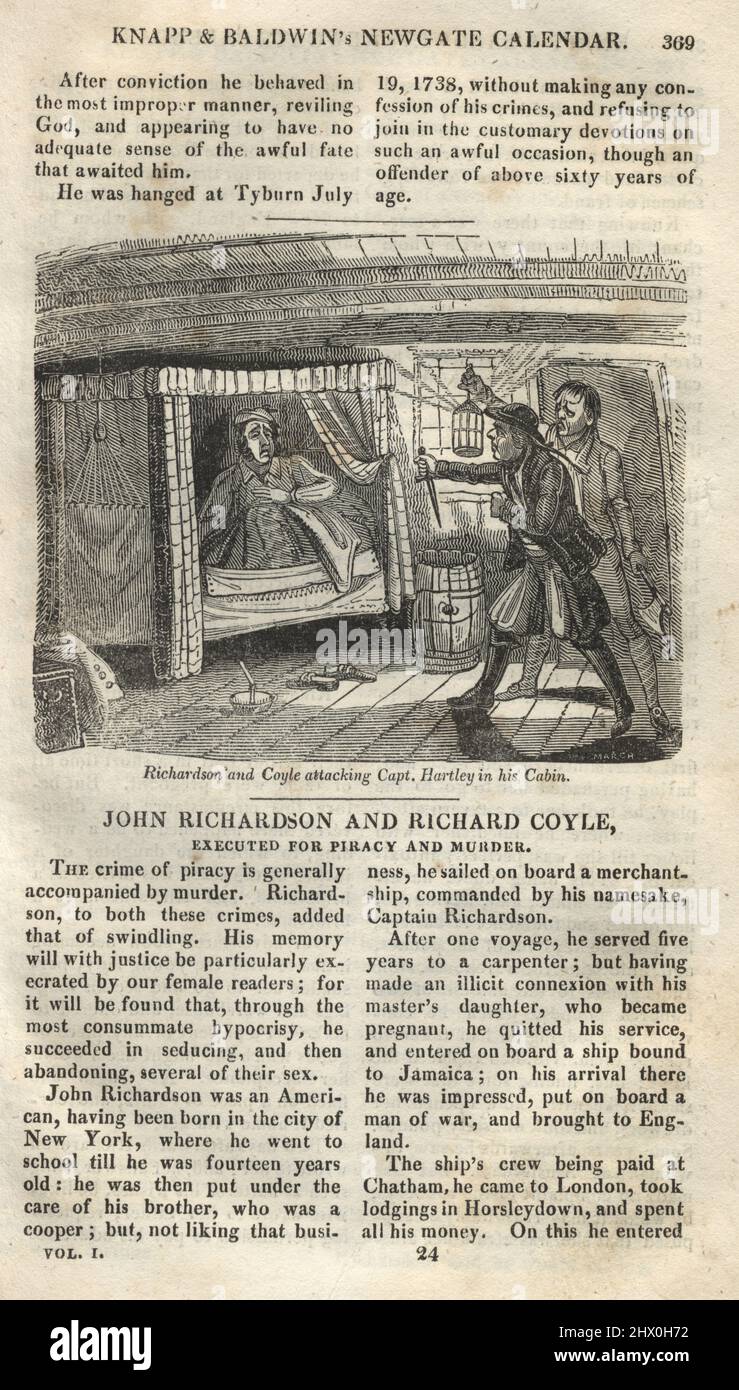 Seite aus dem Newgate-Kalender, Piraten John Richardson und Richard Coyle angreifen Kapitän Benjamin Hartley in seiner Kabine, 18. Jahrhundert Stockfoto