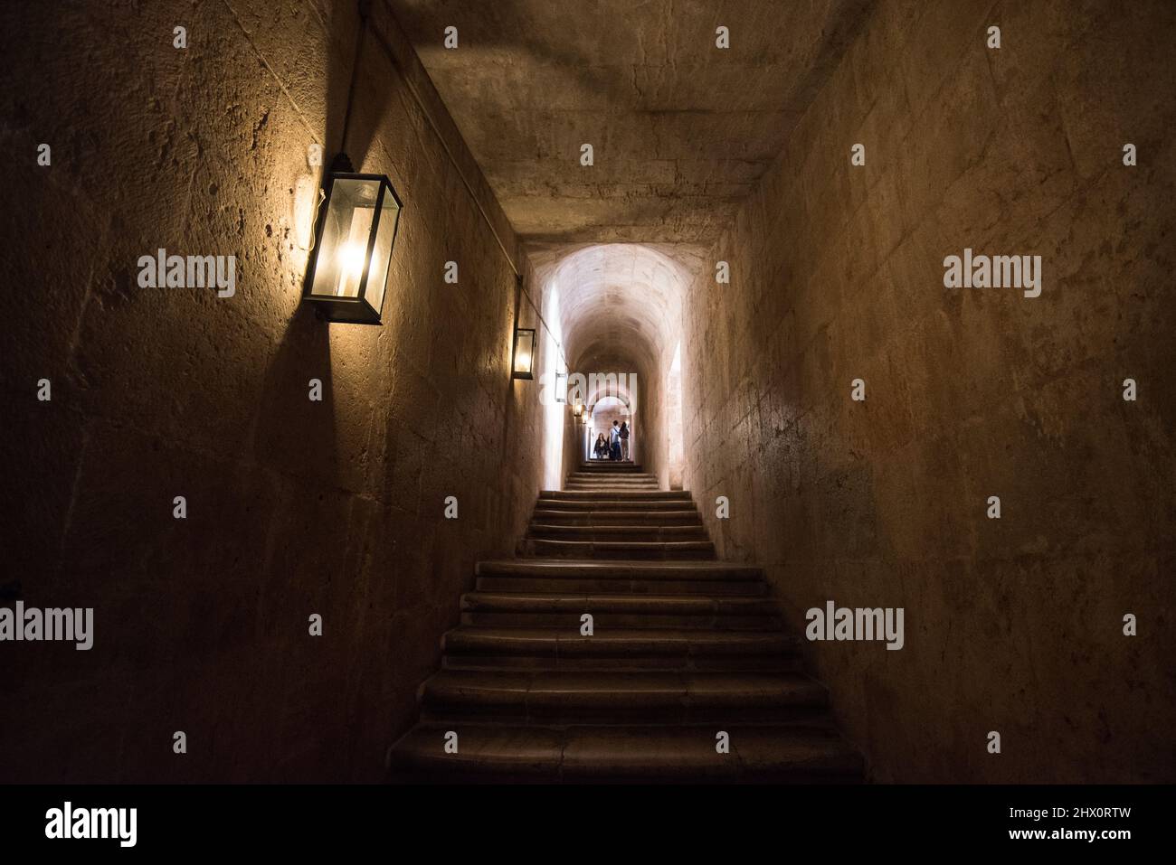 Treppe des zweigeschossigen Kloster Mosteiro Dos Jeronimos, Hieronymus-Kloster, UNESCO-Weltkulturerbe, Belem Viertel Stockfoto