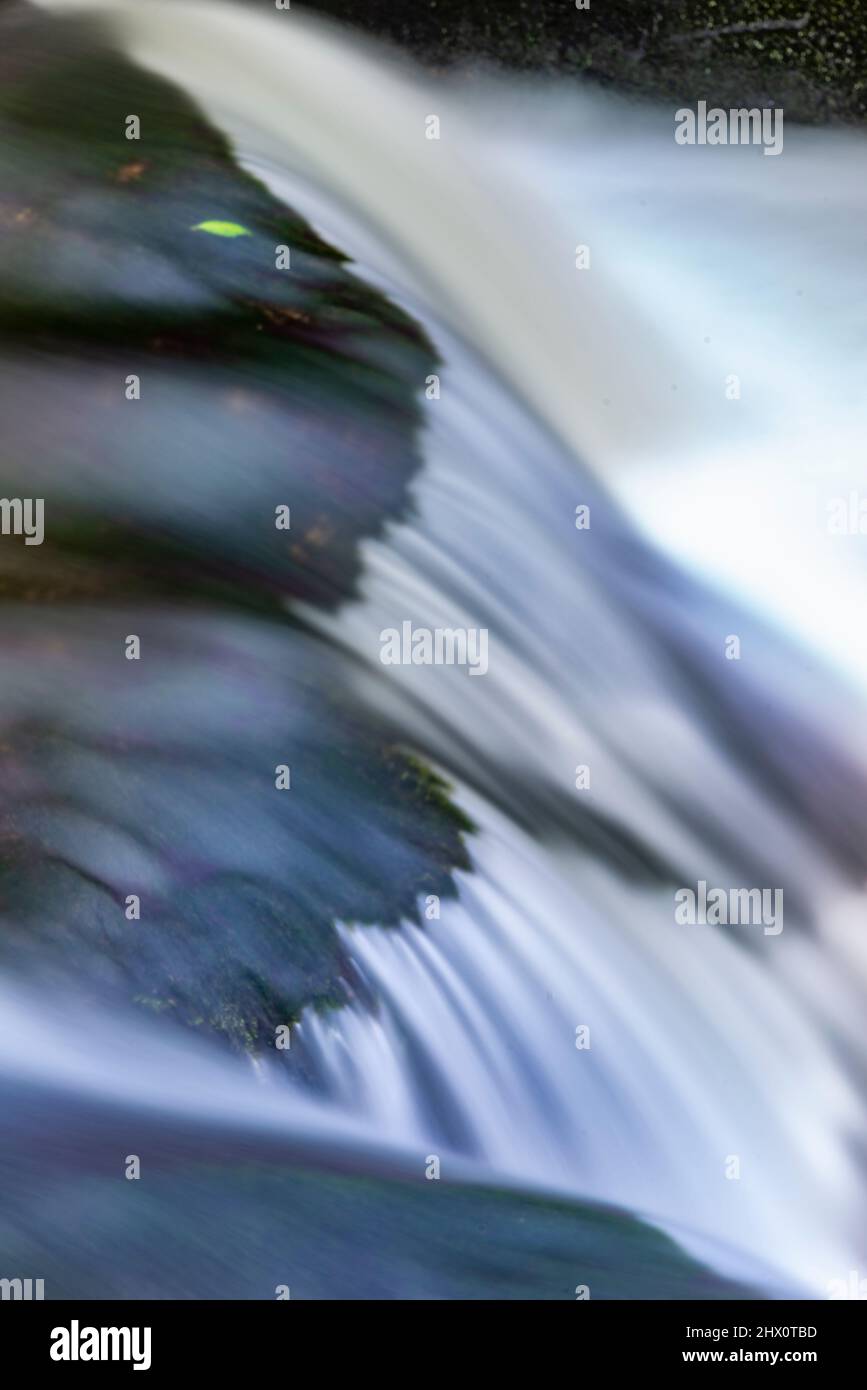 Abstrakter Blick auf Wasserkaskaden mit Bewegungsunschärfen bei einer Reihe spektakulärer Kaskaden und Wasserfälle entlang eines Abschnitts des Flusses Fowey, einer beliebten Tour Stockfoto