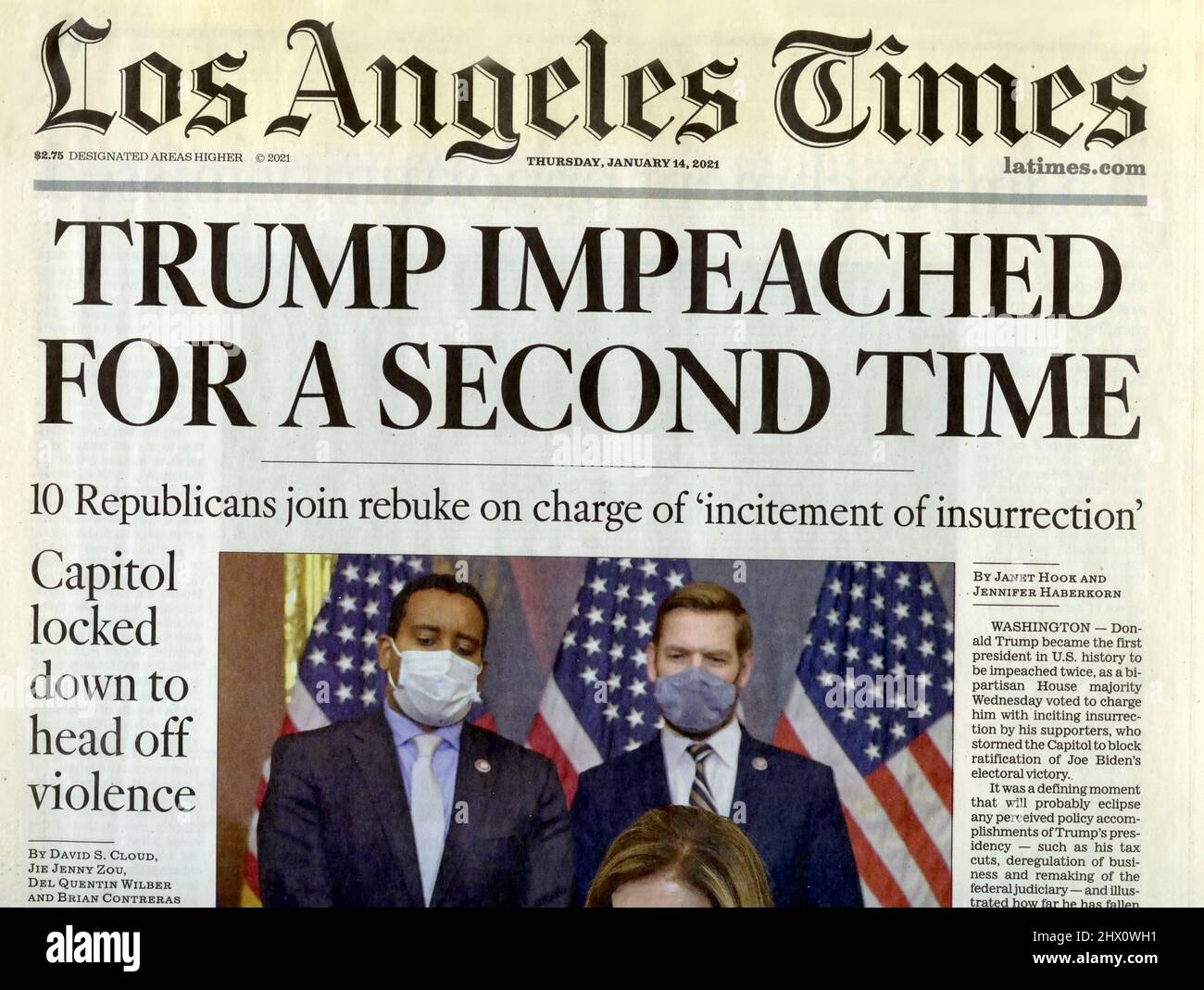 Schlagzeile vom 21. Januar 2021, Zeitung der Los Angeles Times, die über die zweite Amtsenthebung von Donald Trump berichtet. Stockfoto