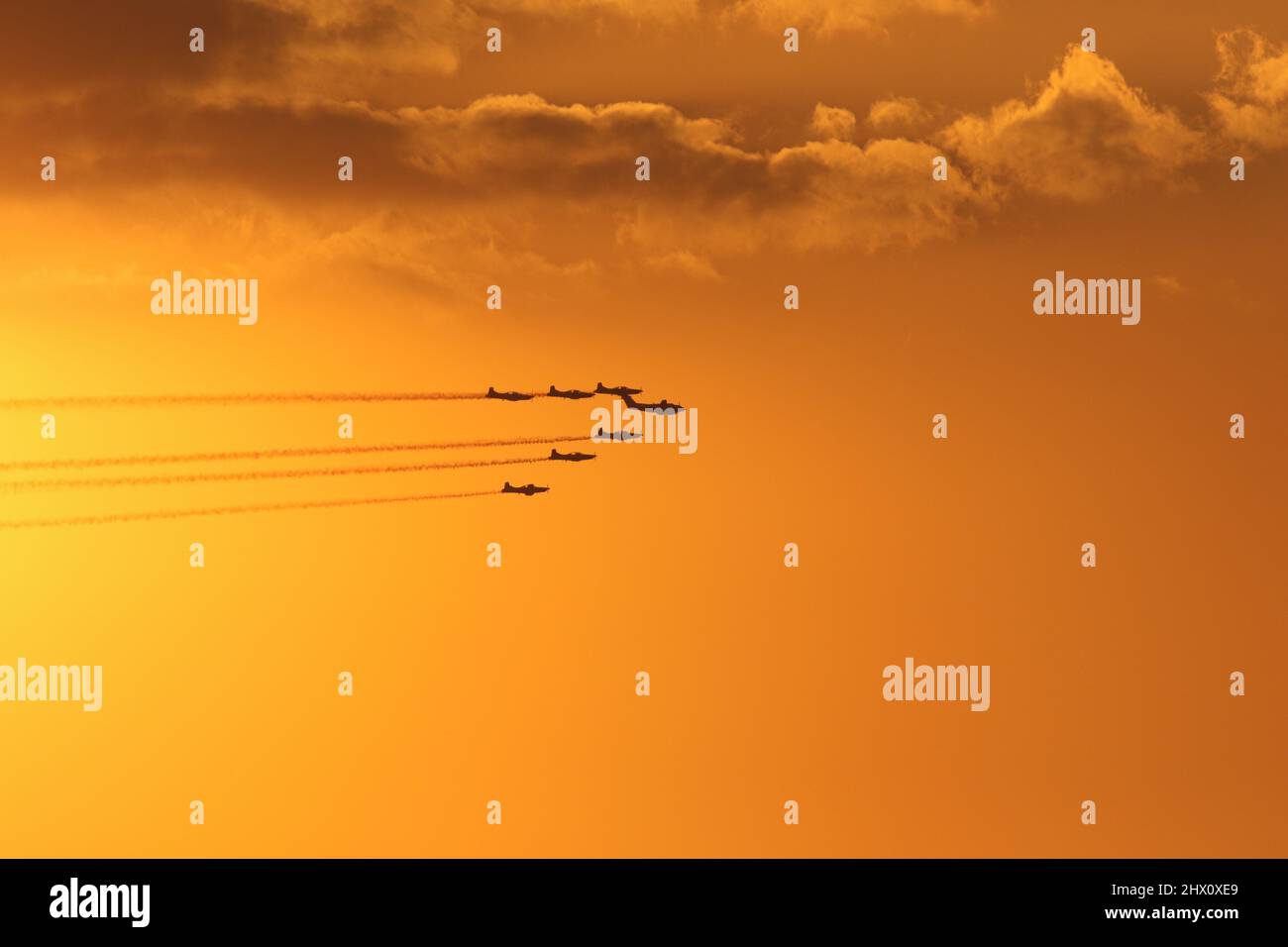 Formation fliegt bei Sonnenuntergang Stockfoto