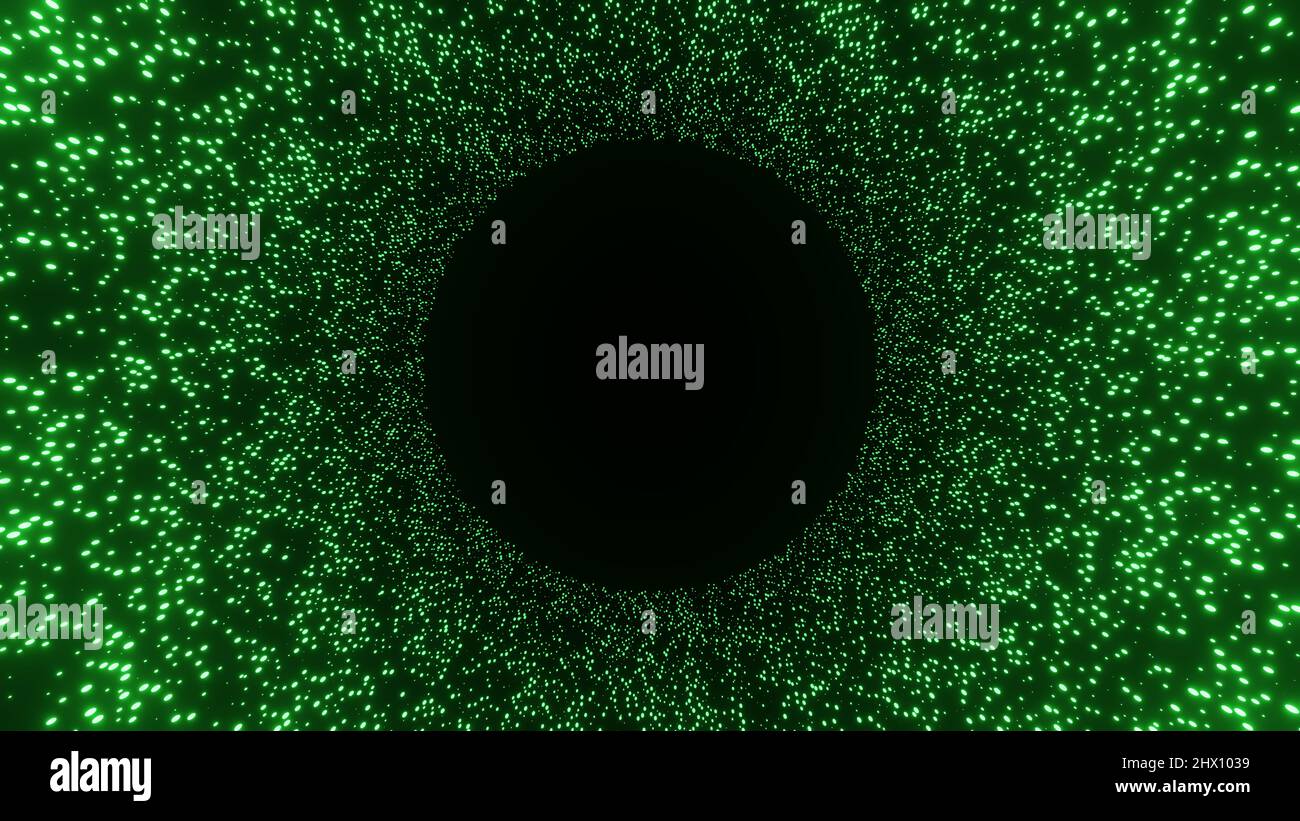 Kreative Illustration eines runden Rahmens, der aus unzähligen grünen Neonpartikeln besteht. Stockfoto