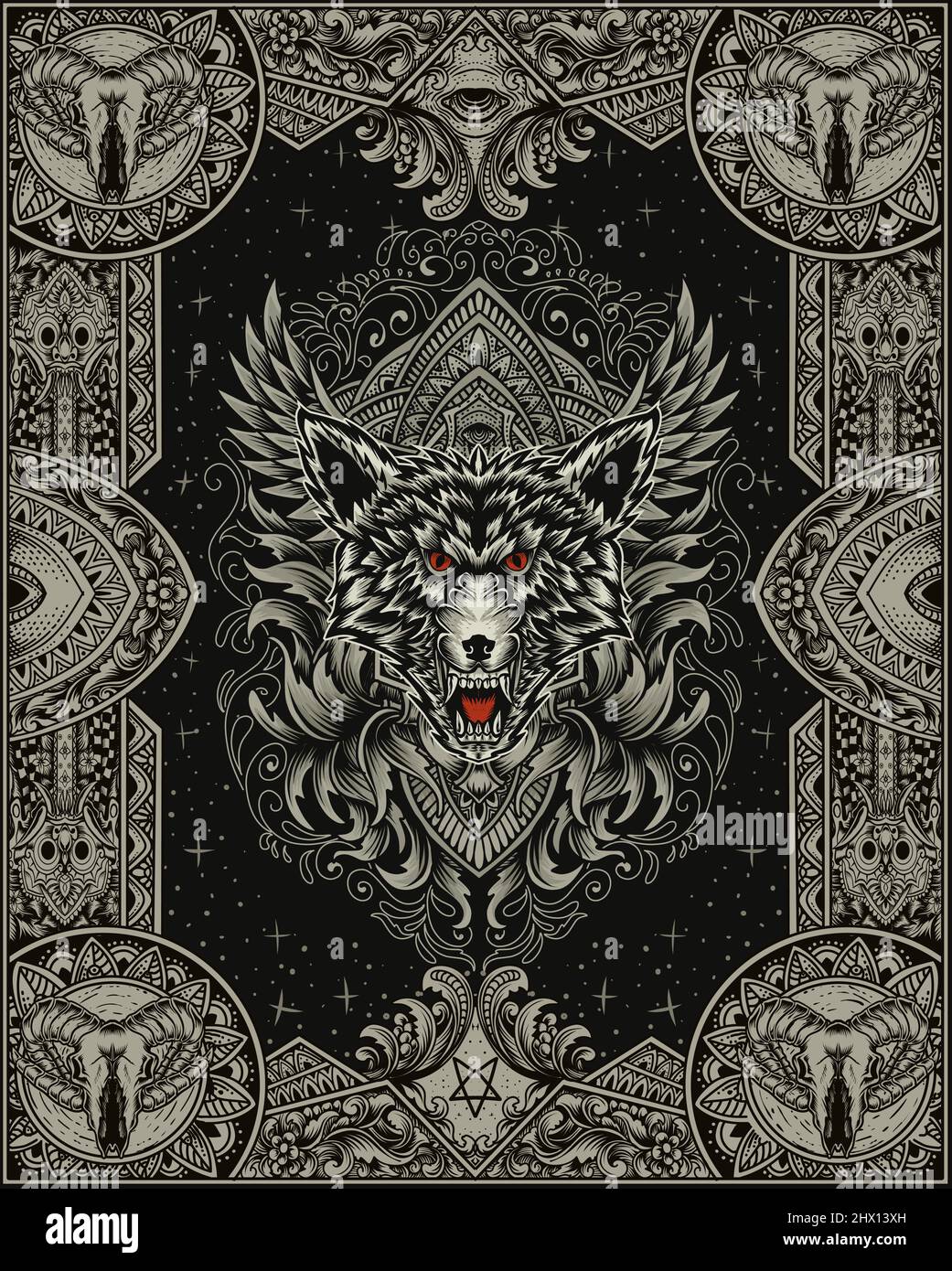 Illustration Wolfkopf mit antiker Gravur Ornament Stock Vektor