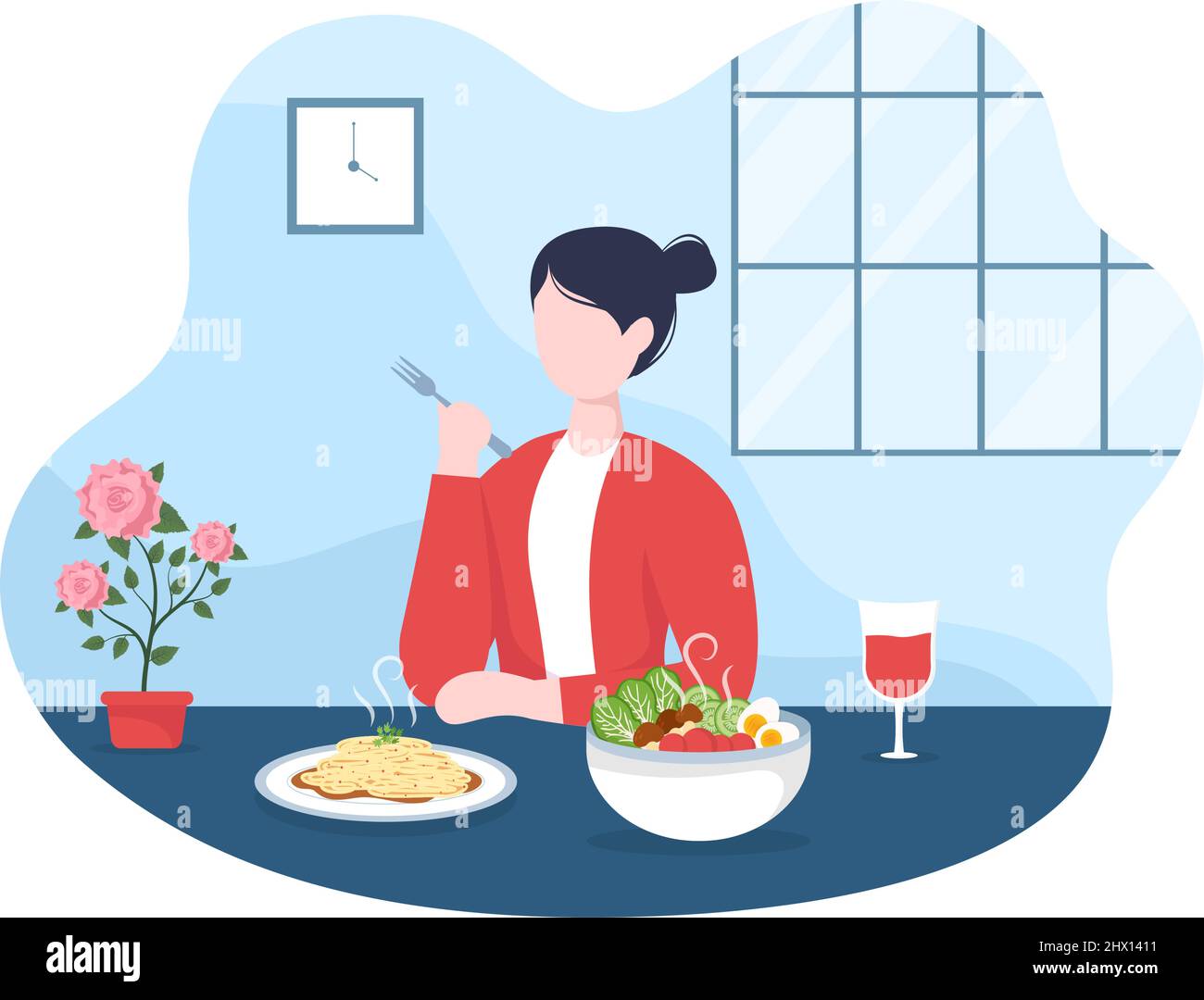 Essen zu jeder Mahlzeit mit gesundheitlichen Vorteilen, ausgewogene Ernährung, Vegan, Nutritional und das Essen sollte jeden Tag in Flat Background Illustration gegessen werden Stock Vektor