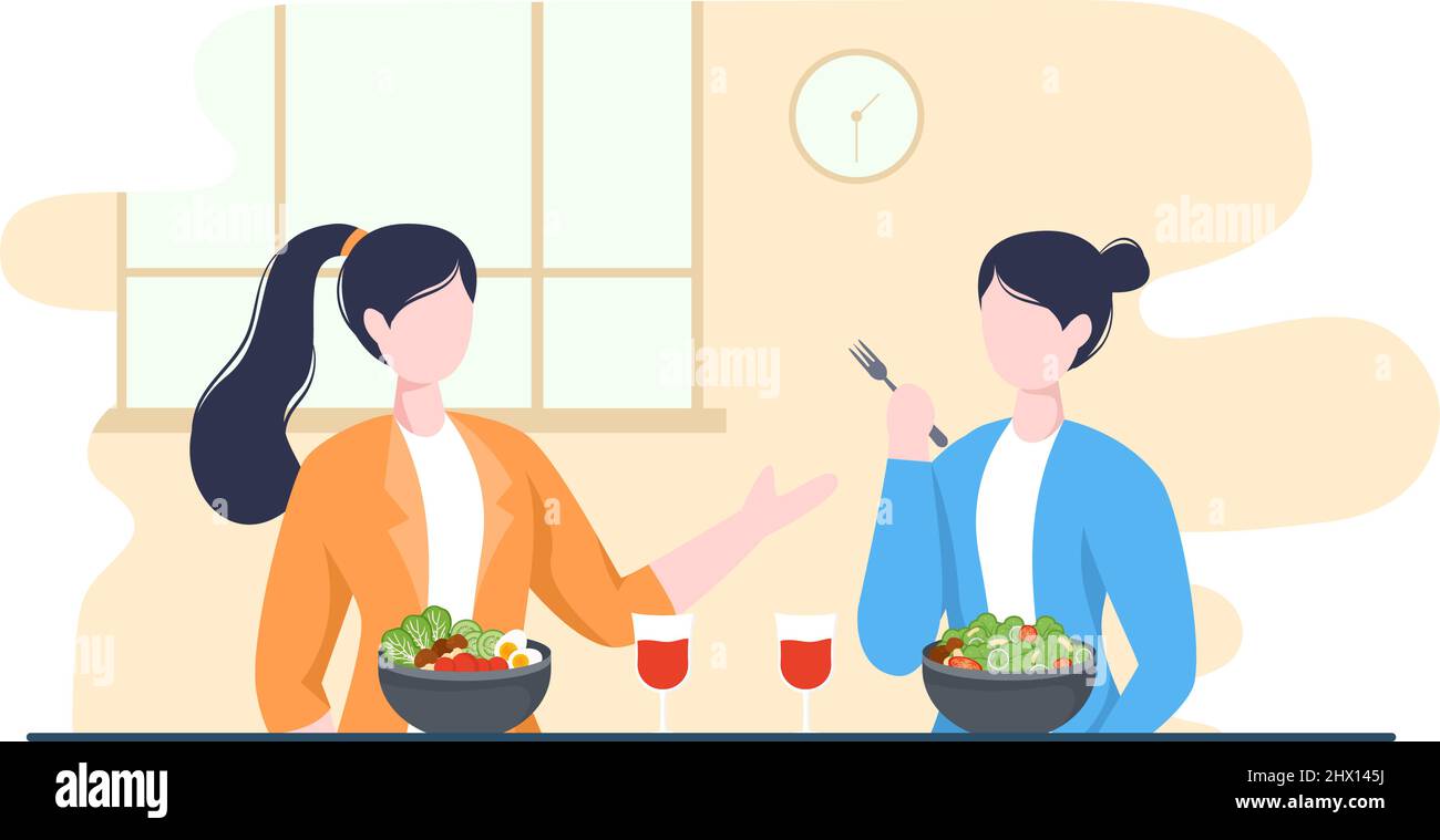 Essen zu jeder Mahlzeit mit gesundheitlichen Vorteilen, ausgewogene Ernährung, Vegan, Nutritional und das Essen sollte jeden Tag in Flat Background Illustration gegessen werden Stock Vektor