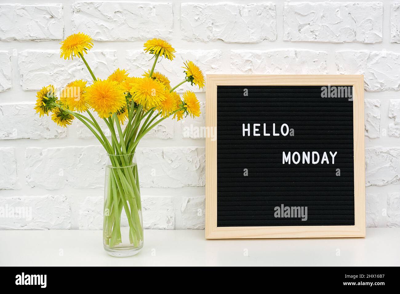 Hallo Montag Worte auf schwarzem Briefbrett und Strauß von gelben Dandelions Blumen auf dem Tisch gegen weiße Ziegelwand. Konzept Happy Monday. Vorlage für Stockfoto