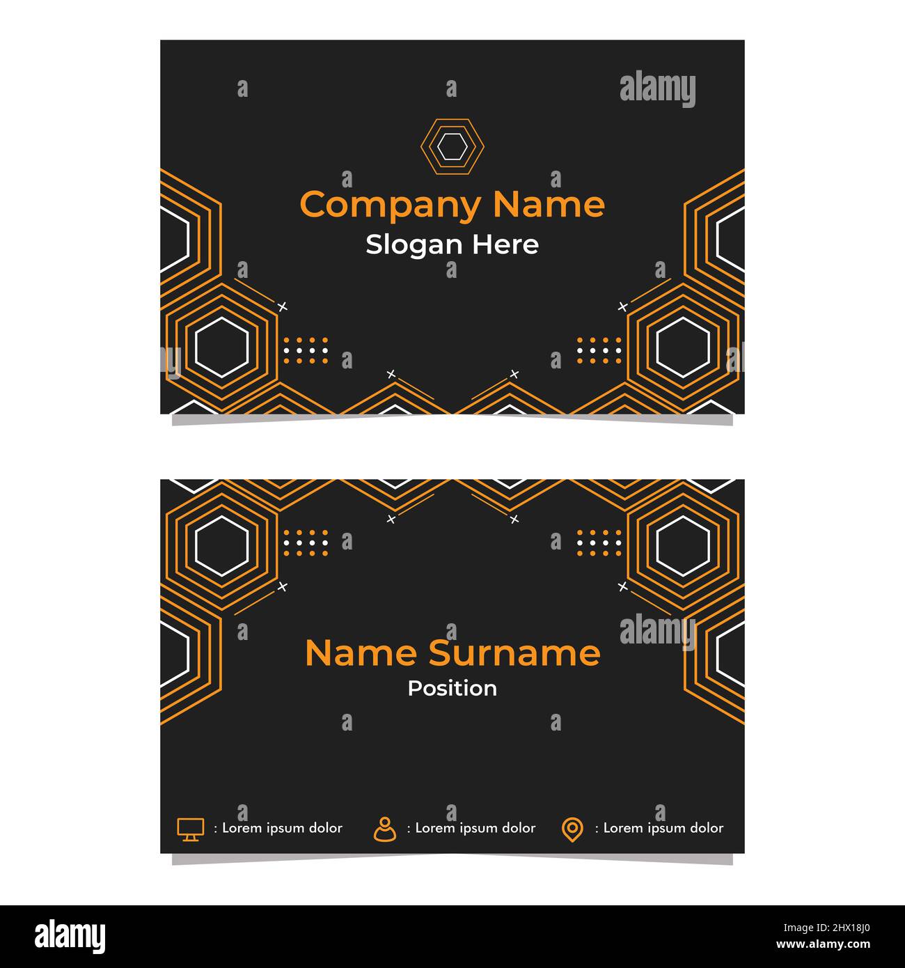 Schwarze, abstrakte sechseckige Visitenkartekarte, doppelseitig, templat Stockfoto