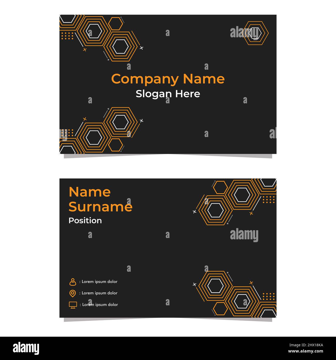 Schwarze, abstrakte sechseckige Visitenkartekarte, doppelseitig, templat Stockfoto