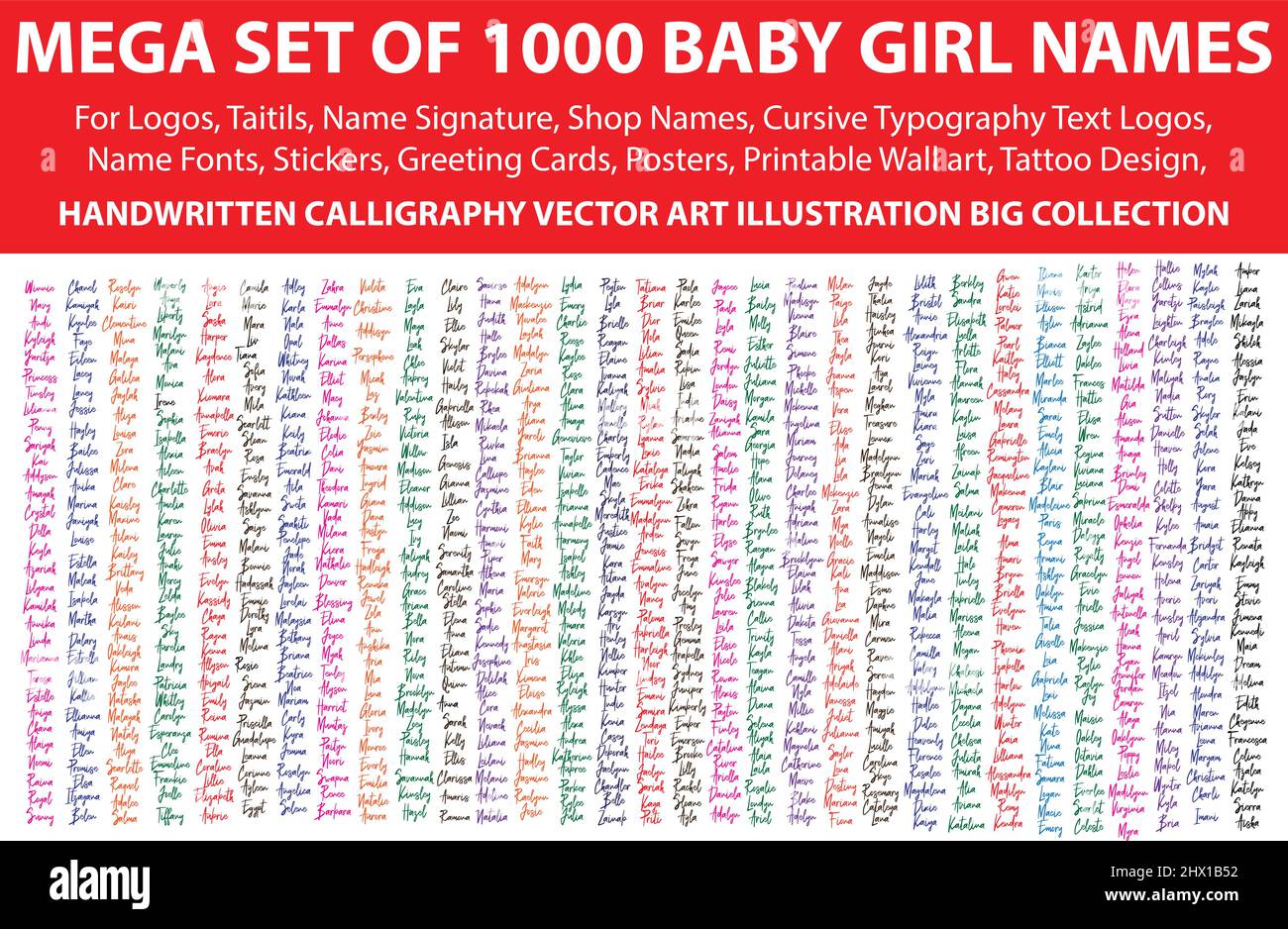 Mega Set mit 1000 Baby Girl Namen für Logos, Namensunterschrift, Shopnamen, Namensschriften, Kursive Typografie Text Logos, Aufkleber, handschriftliche Kalligraphie Stock Vektor