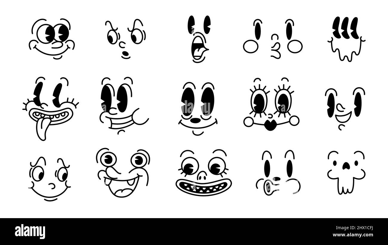 Retro 30s Cartoon und Comics Figuren Gesichter. Traditionelle Emotionen Vektor-Elemente. Ersteller von Vintage-Figuren für Trenddarstellungen. Stock Vektor