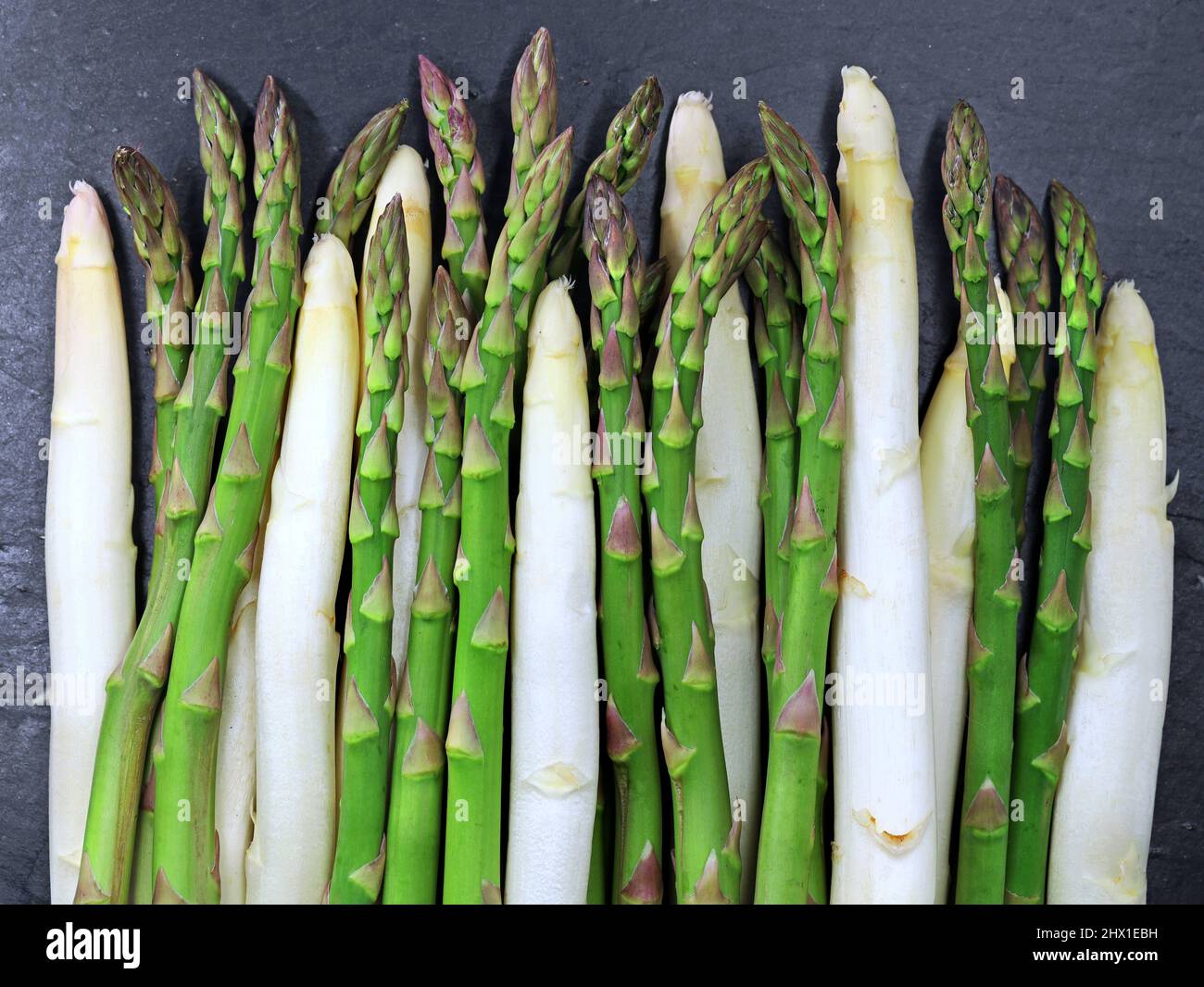 Frischer weißer und grüner Spargel auf Schieferteller-Hintergrund, Frühlingsgemüse Stockfoto