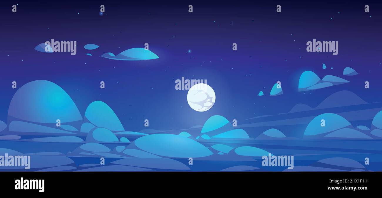 Nachthimmel über Wolken mit Vollmond und Sternen auf blauem Hintergrund. Vektor-Cartoon-Illustration von flauschigen bewölkten Panorama im Mondlicht. Friedliche Atmosphäre Landschaft um Mitternacht Stock Vektor