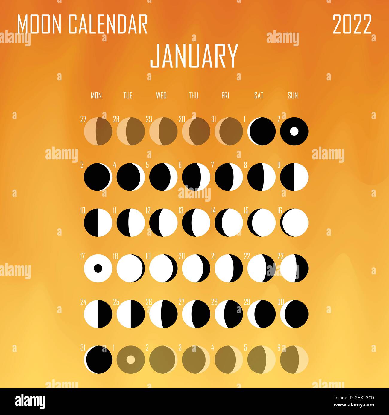 Januar 2022 Mondkalender. Astrologisches Kalenderdesign. planer. Platz 