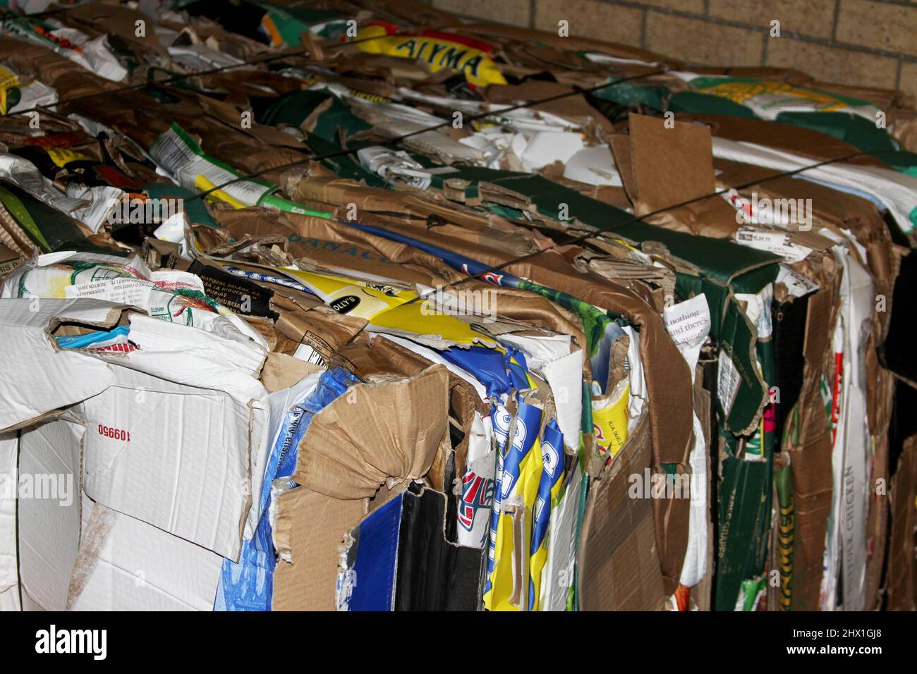 Recyceln Sie Pappabfälle komprimierten Ballen auf der Straße hinter Ziegelsteinen Gebäudewand Stockfoto