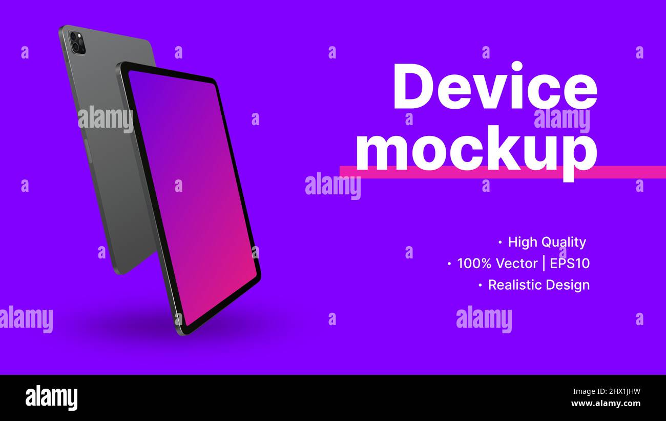 Banner Für Website-Werbung. Diagonale Vorder- und Rückansicht des Tabletts mit leerem Bildschirm-Mockup. Minimalistisches Lila – Werbefolie. Vektorgrafik Stock Vektor