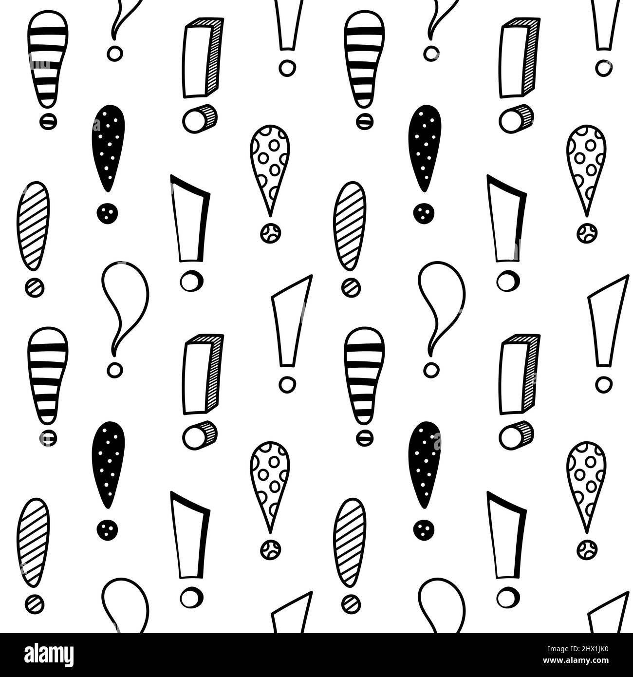 Handgezeichnetes Ausrufezeichen nahtloses Muster. Warnblinksymbol für Handzeichen. Achtung: Doodle-Symbole. Hintergrund mit Ausschreibezeichen. Vektor Stock Vektor