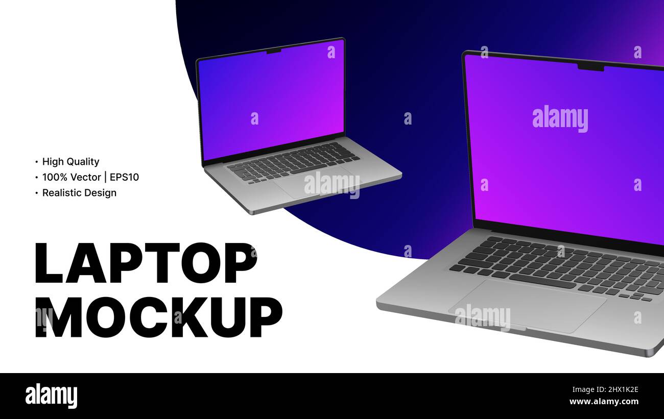 Minimalistisches Tech Advertisement-Banner. Realistisches Notebook-Mockup. Vektorgrafik Stock Vektor