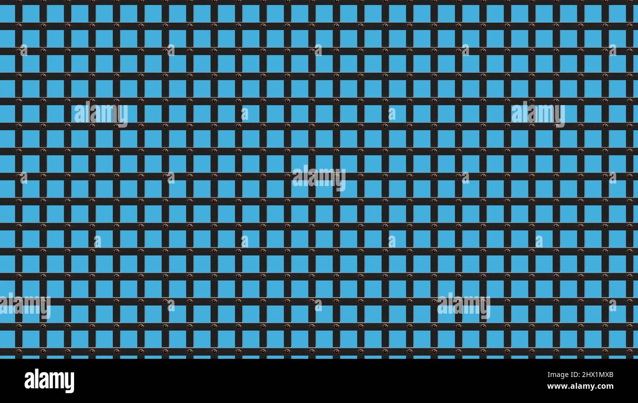 3D Rendern. Metallgitter mit runden Nieten auf blauem Hintergrund. Stockfoto