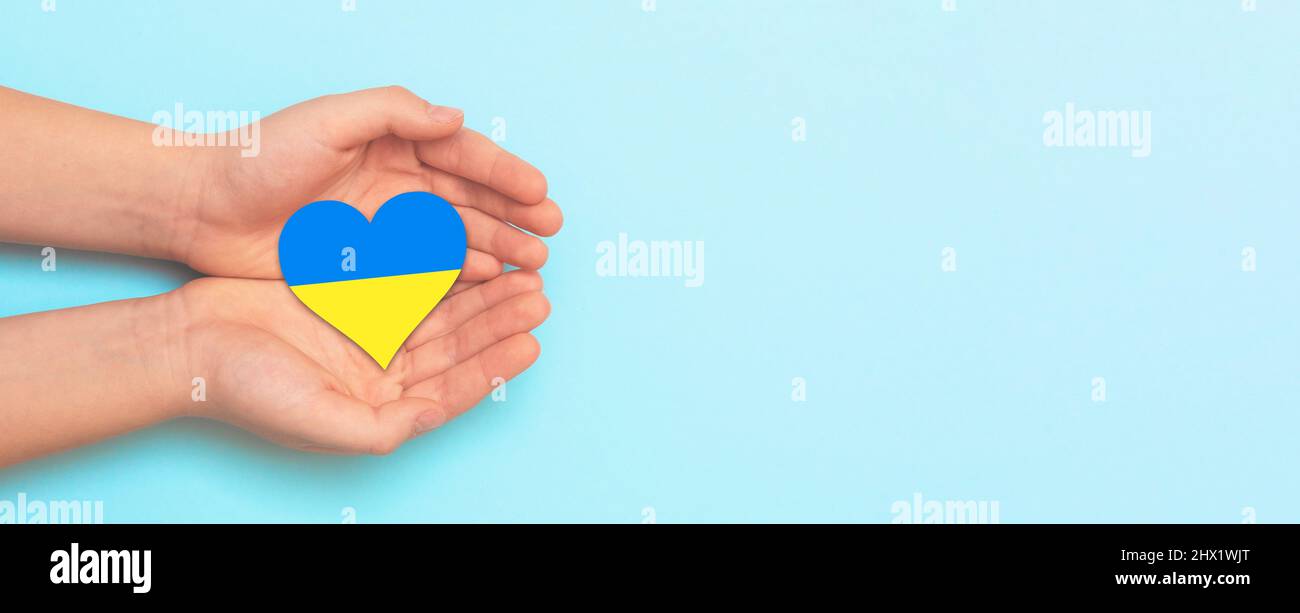 Hand hält ein Herz mit ukrainischen Nationalfarben. Hilf der Ukraine während des Krieges Stockfoto