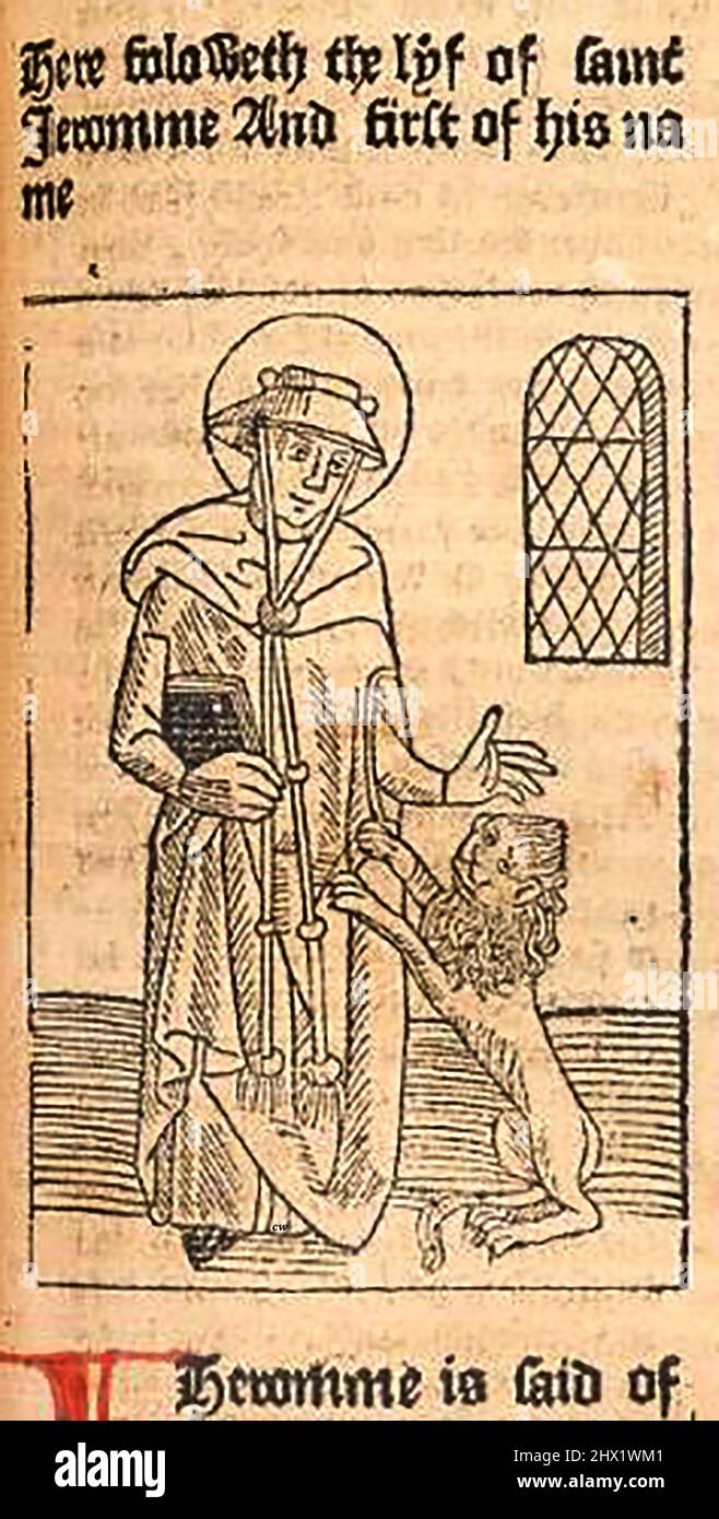 Holzschnitt aus dem 15.. Jahrhundert, der den Heiligen Hieronymus mit einem Löwen zeigt, wie er von William Caxton ( 1422-1491/92) in seiner Übersetzung von 'die goldene Legende' oder 'so endet die in Latyn legenda aurea benannte Legende, die in Englysshe die goldene legende heißt' von Jacobus, de Voragine, gedruckt wurde (um 1229-1298). Stockfoto