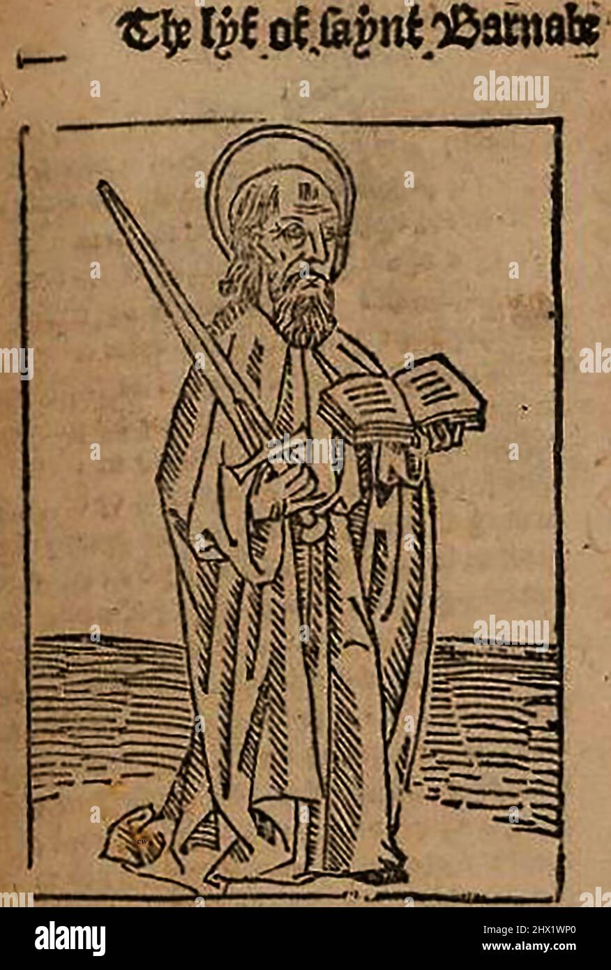 Holzschnitt aus dem 15.. Jahrhundert, der den Heiligen Barnabas (Barnabus Born Joseph or Joses) zeigt, wie er von William Caxton ( 1422-1491/92) in seiner Übersetzung von 'The Golden Legend' oder 'so endet die in Latyn legenda aurea benannte legende, die in Englysshe die goldene legende heißt' von Jacobus, de Voragine, gedruckt wurde (um 1229-1298). Stockfoto