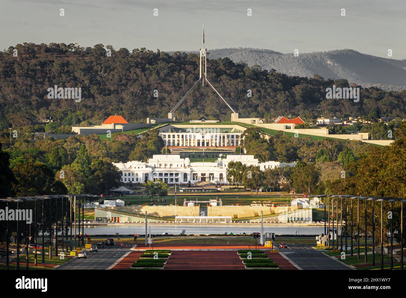 Blick auf das Parlamentsgebäude in Canberra. Stockfoto