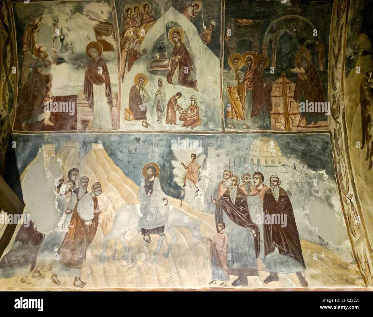 Fresken aus dem 17.. Jahrhundert, die nordwestliche Kapelle der georgisch-orthodoxen Kirche der Jungfrau, die Teil der mittelalterlichen Gelati Monastery Co. Ist Stockfoto