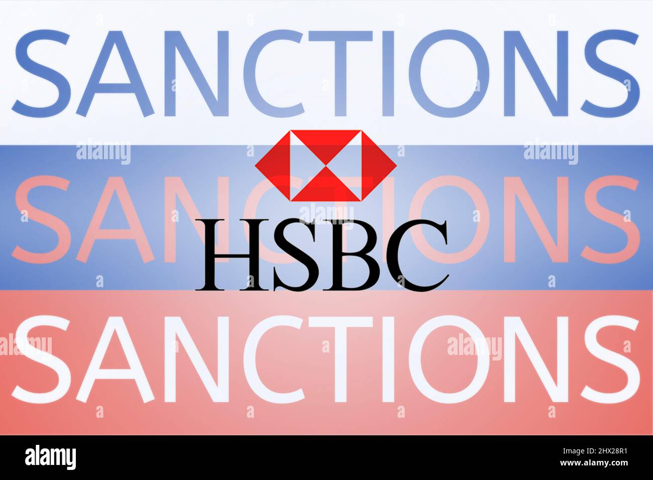 HSBC-Logo vor der russischen Flagge. Sanktionen gegen Russland wegen seiner Invasion in der Ukraine. März 2022, San Francisco, USA Stockfoto