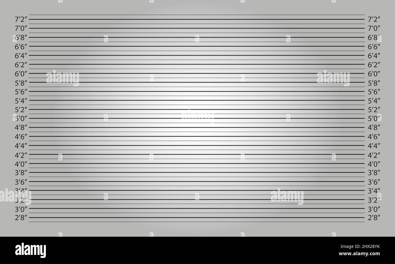 Horizontaler Polizeimugshot-Hintergrund mit Lichteffekt. Fußhöhendiagramm für Fotos der Identität einer gesuchten, verhafteten oder verdächtigen Person. Vektor-realistische Darstellung. Stock Vektor