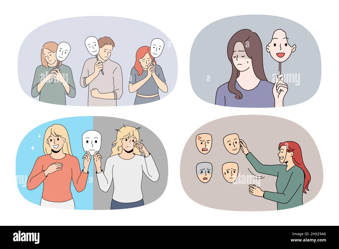 Eine Gruppe unglücklich ängstlicher Menschen hält Masken mit unterschiedlichen Emotionen und kämpfen mit psychologischen Problemen. Sammlung von kranken launischen Männern und Frauen haben bipolare Störung. Vektor. Stock Vektor