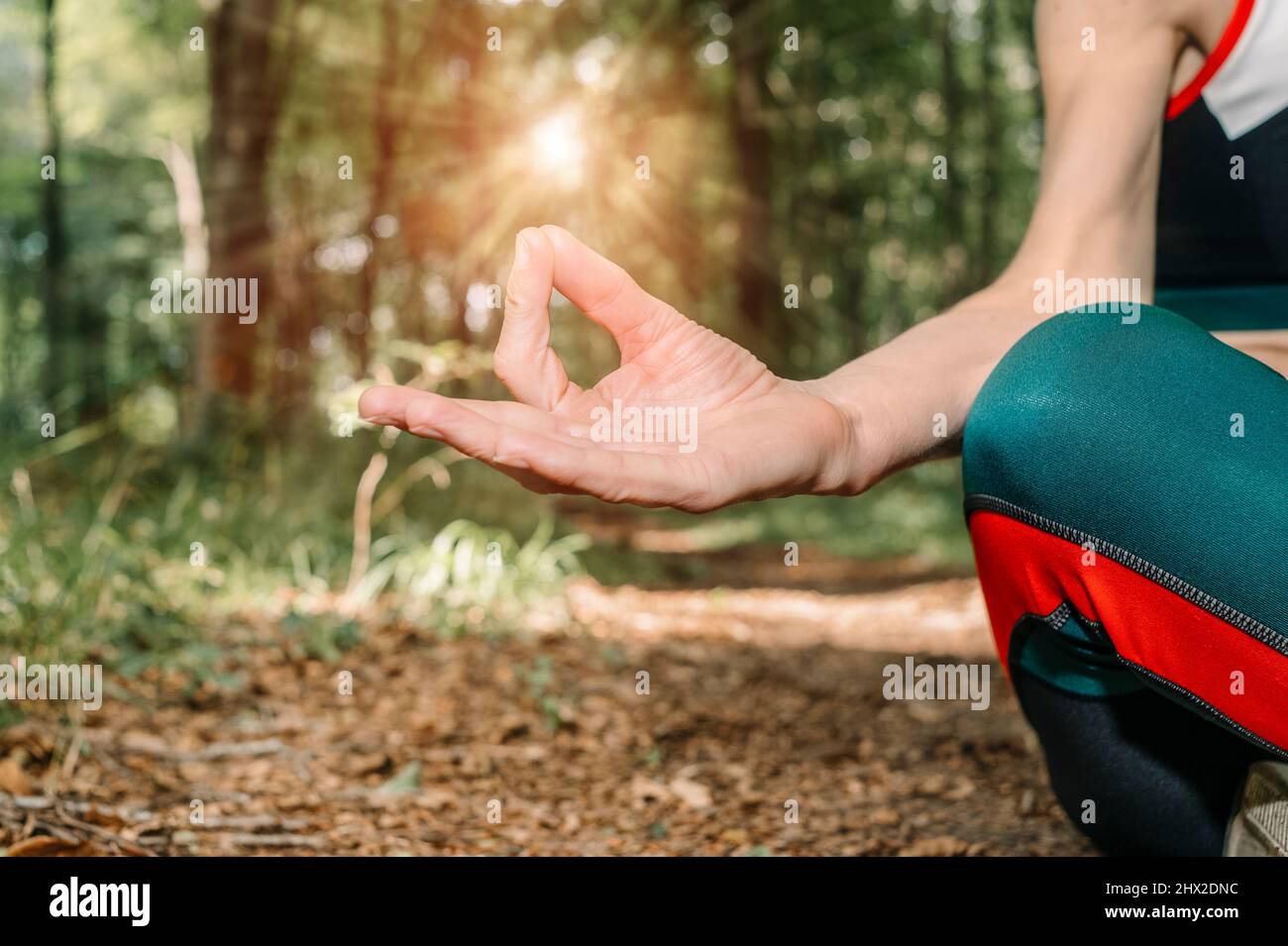 Entspannungsübungen. Eine kurze Aufnahme einer Frau, die im Freien Yoga praktiziert, in Lotushaltung sitzt und in einem Wald meditiert. Stockfoto