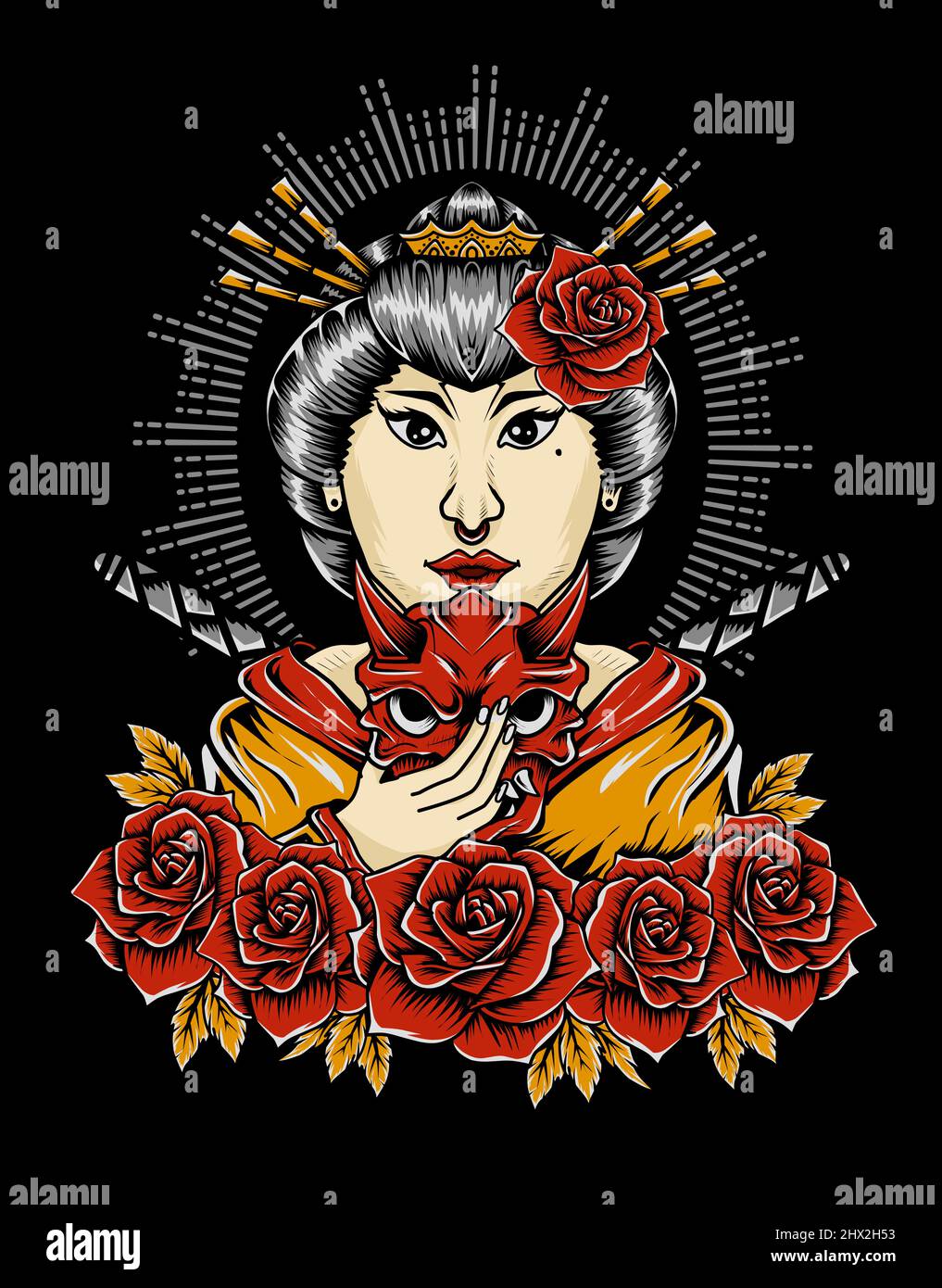 Illustration Geisha Frau mit Rosenblüte Stock Vektor