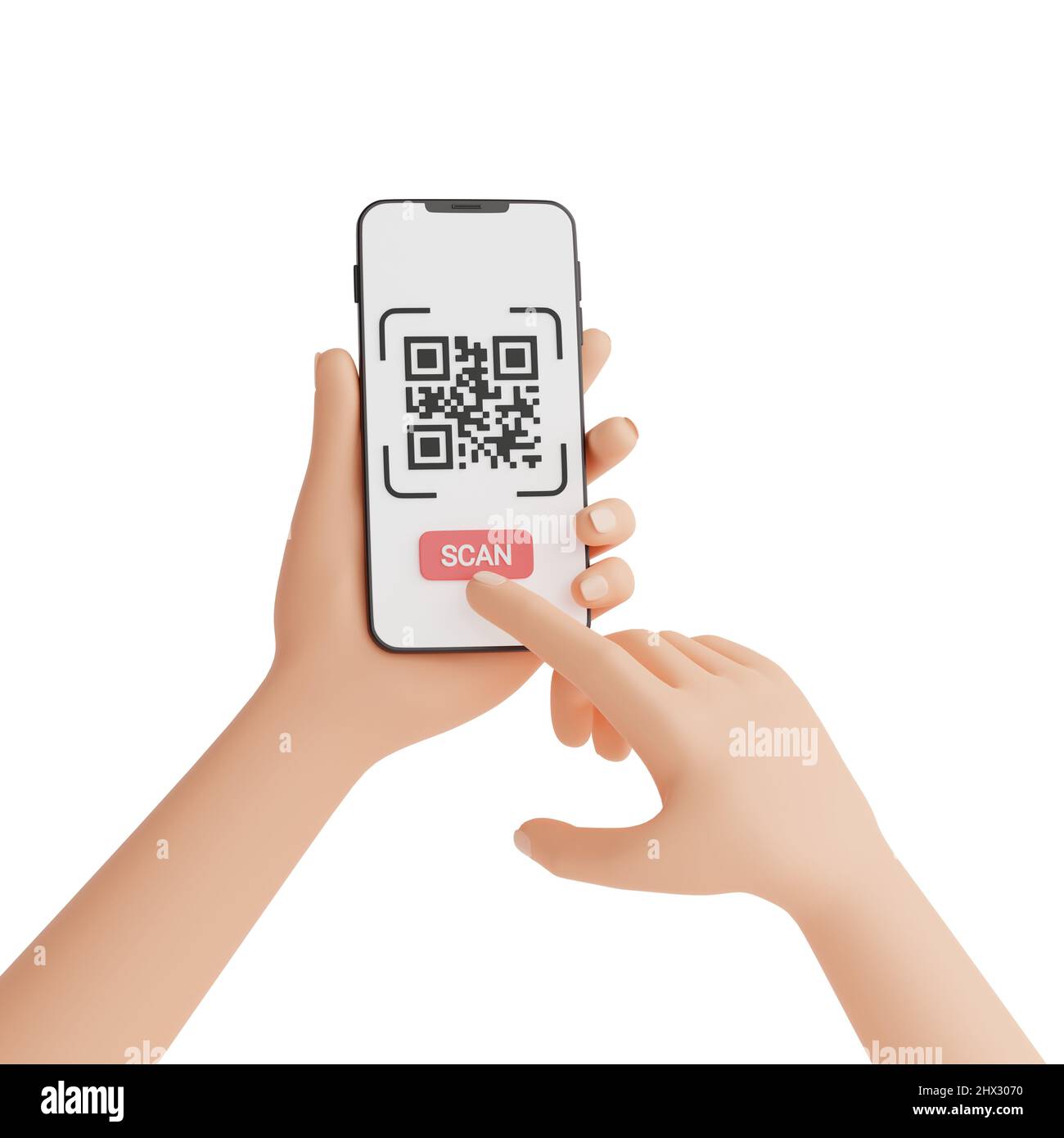 QR-Code-Scan-Konzept - menschliche Hand hält Handy mit Barcode-Scan-Prozess 3D Render Illustration. Stockfoto