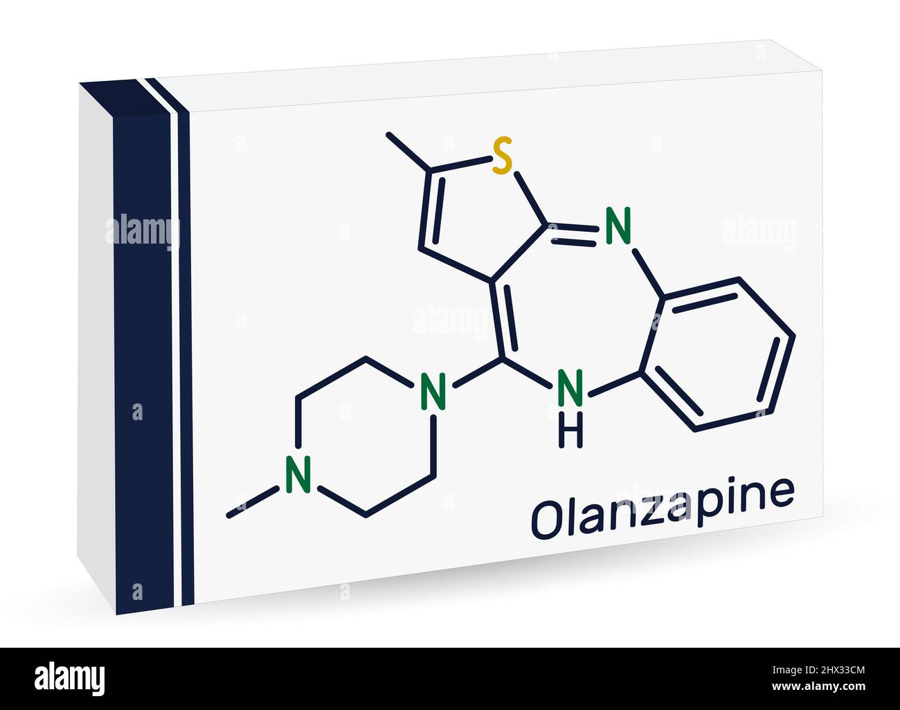Olanzapin-Molekül. Es ist ein atypisches antipsychotisches Medikament zur Behandlung von Schizophrenie, bipolarer Störung. Chemische Formel des Skeletts. Papierverpackung Stock Vektor