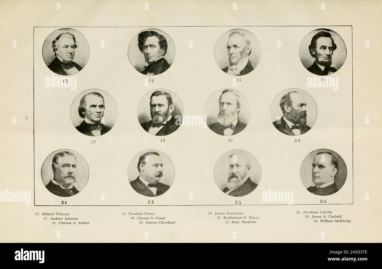 Frühere Präsidenten der USA 13. Millard Fillmore 14. Fraklin Pierce 15. James Buchanan 16. Abraham Lincoln 17. Andrew Johnson 18. Ulysses S. Grant 19. Rutherford B. Hayes 20. James A. Garfield 21. Chester A. Arthur 22. Grover Cleveland 23. Benj Harrison 24. William McKinly aus dem Buch „The Washington Monument Illustrated; Complete Guide and History; Authentic Facts and Figures; pictorial City of Washington“ von Ina Capitola Emery, Veröffentlicht 1913 Stockfoto