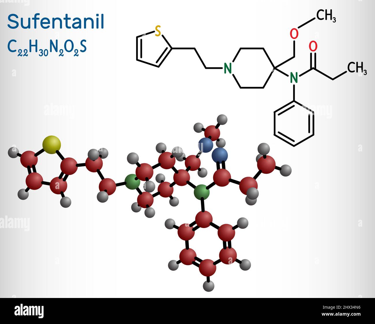 Sufentanil-Molekül. Es handelt sich um ein Opioid-Analgetikum, das zur Behandlung schwerer, akuter Schmerzen eingesetzt wird. Strukturelle chemische Formel und Molekülmodell. Vecto Stock Vektor