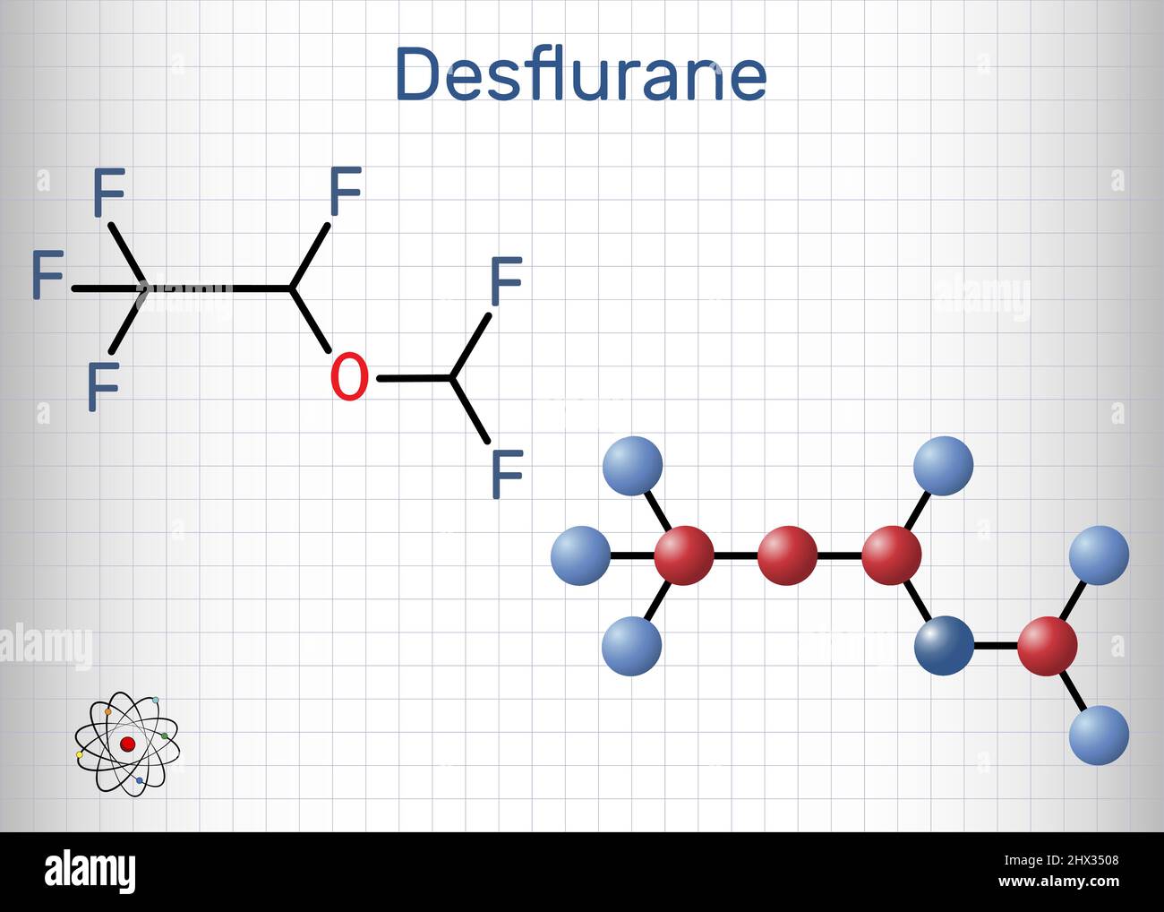 Desfluran-Molekül. Es ist Organofluorinverbindung, Inhalationsnarkozin. Strukturelle chemische Formel und Molekülmodell. Blatt Papier in einem Käfig. Stock Vektor