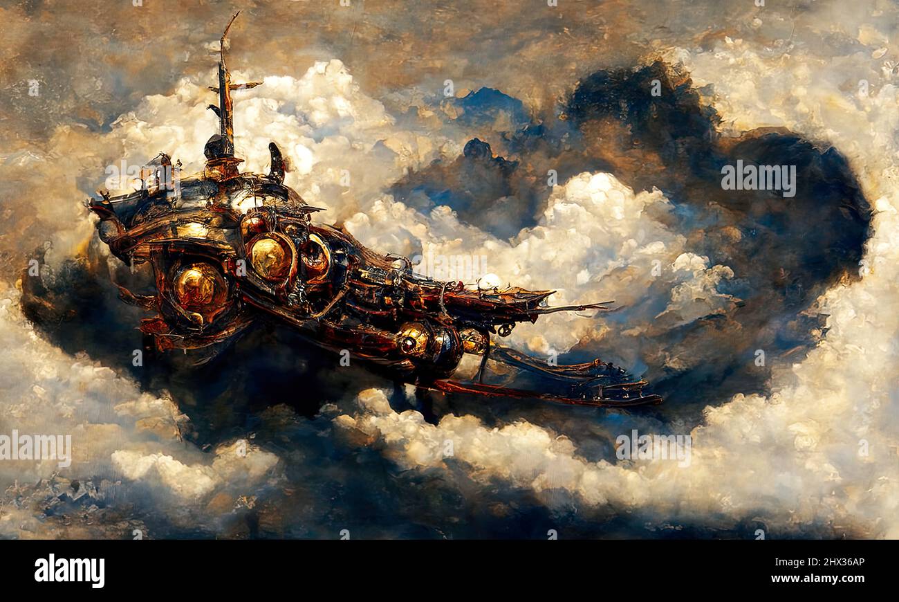 Ein Steampunk fliegendes Schiff pflügt den Himmel durch die Wolken Stockfoto