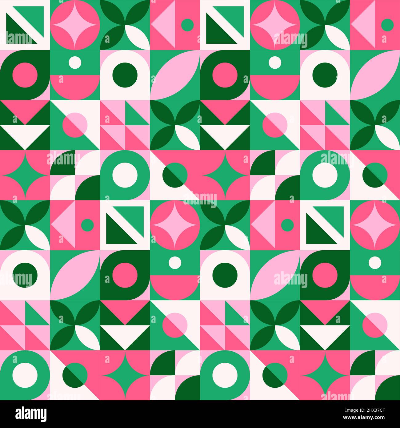 Abstraktes geometrisches Nahtmuster. Neo-Geo-Stil Druck, Vektor-Illustration. Einfache wiederholende Linien und Formen Mosaikhintergrund. Pink, Grün und Stock Vektor