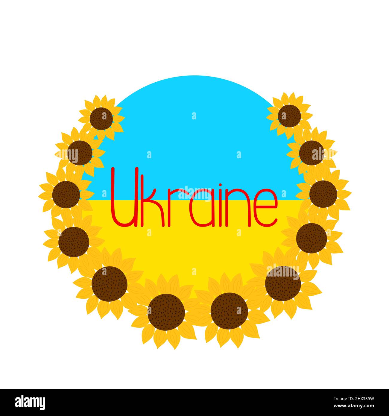 Ukraine symbolischer Sonnenblumenkranz mit den traditionellen ukrainischen Flaggen Farben blau und gelb Hintergrund, Symbol für klaren Himmel und reifen Weizen oder Sonnenblumen Felder, Unterstützung während der harten Kriegszeit Stock Vektor