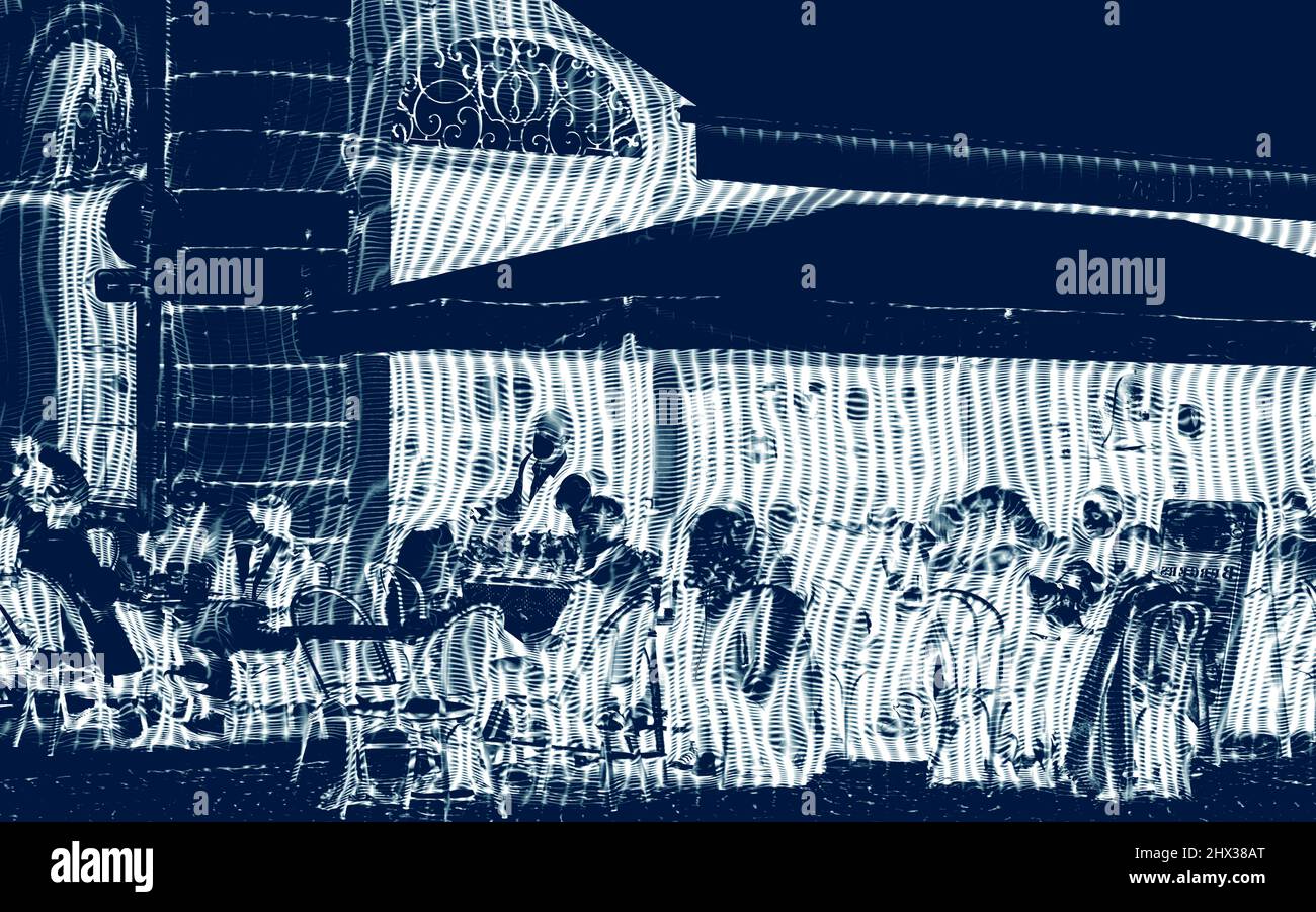 Silhouetten von Menschen auf der Terrasse in metaverse konzeptuelle Realität Imagination virtuelle und reale Welt - cybersapce hypothesierte Iteration des Internets, die persistente Online 3-D virtuelle Umgebungen unterstützt Stockfoto