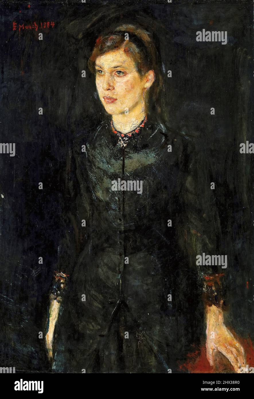 Inger in Schwarz, Portrait der Schwester des Künstlers in Öl auf Leinwand von Edvard Munch, 1884 Stockfoto