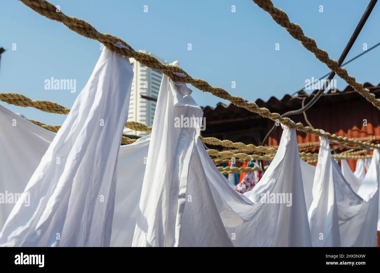 In Mahalaxmi Dhobi Ghat, einem großen Open-Air-Waschsalon in Mumbai, Indien, wurden saubere, frisch gewaschene weiße Laken zum Trocknen aufgehängt und an Wäscheleinen getrocknet Stockfoto