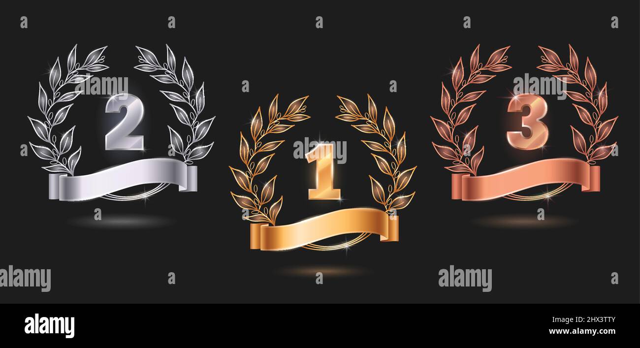 Wettbewerb Auszeichnungen Embleme realistische Set mit goldenem Silber und Bronze auf schwarzem Hintergrund isoliert Vektor Illustration Stock Vektor