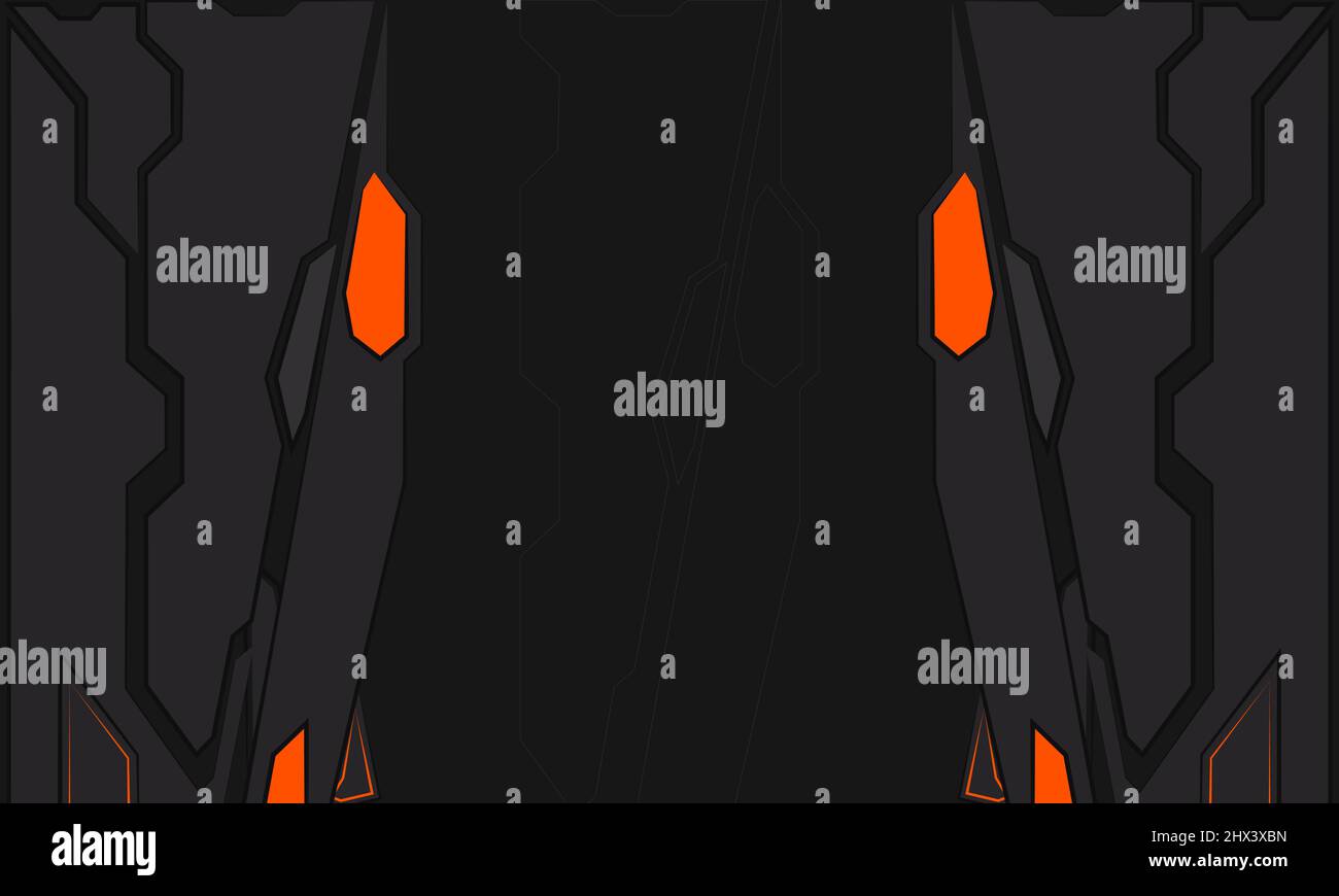 Gaming abstrakter Hintergrund mit schwarz und orange futuristische Technologie Formen. Hintergrund für Sportrennen. Abstrakt geometrisch flach Techno mechanisch Stock Vektor